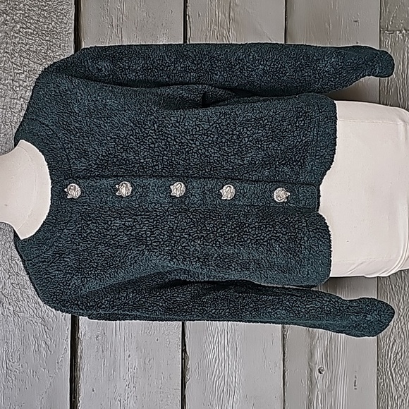 Vintage 90s Coldwater Creek Wolf Button Teddy Jacket Hunter Green sz L Women's - Picture 1 of 6